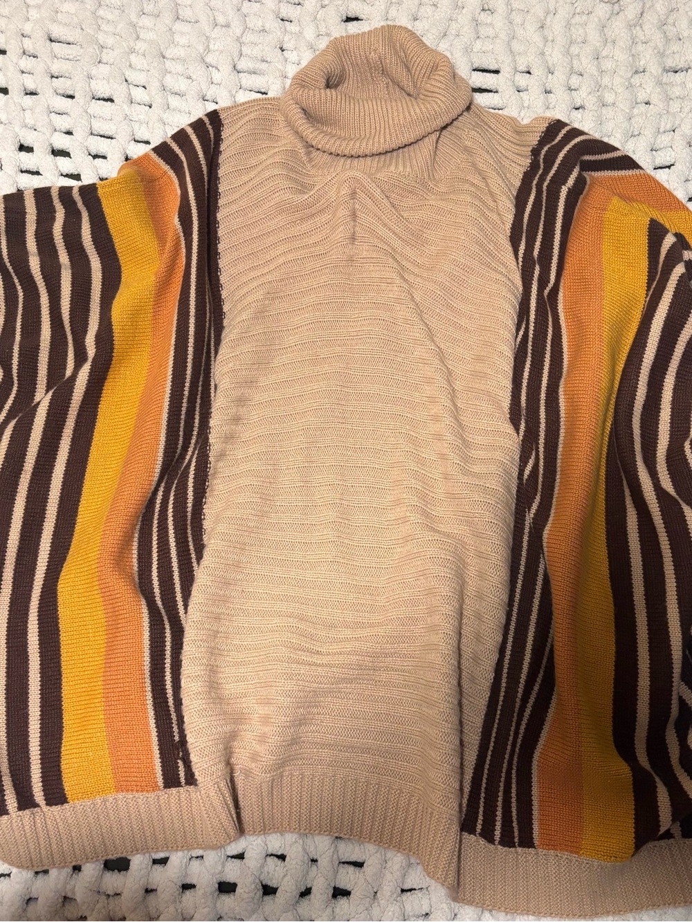 JODIFL Beige Turtleneck Sweater with Brown and Mustard Stripe Sleeves